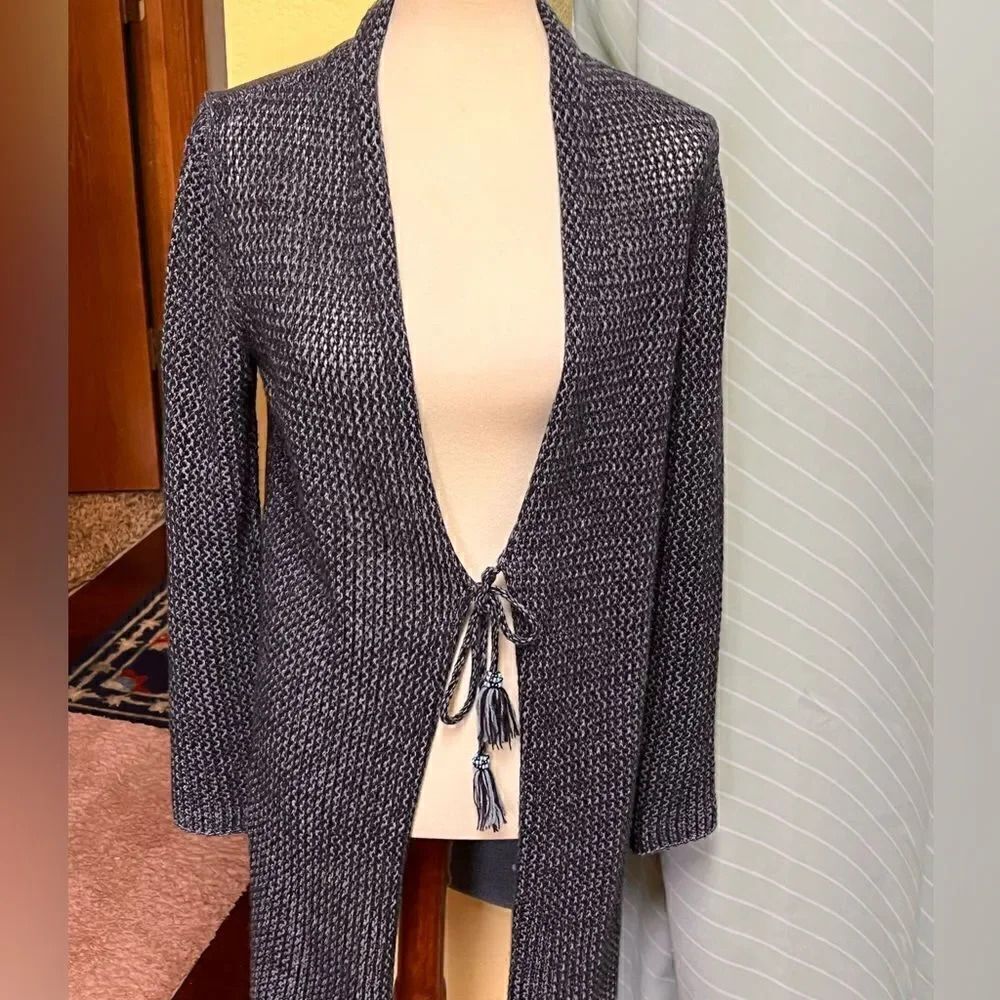 EUC J Jill Blue Open Knit Cadigan Tassel Close #C42